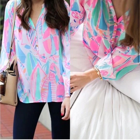 Lilly Pulitzer 100% Silk Elsa Blouse Top Shirt Floral Leaf Out to Sea Nautical S - Picture 2 of 10